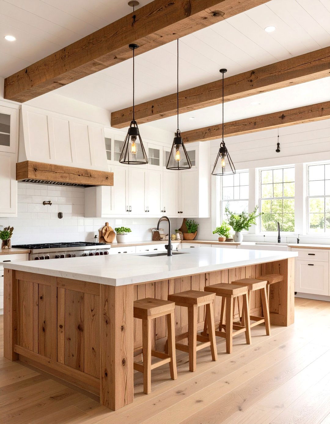Farmhouse Kitchen Charm with a Wooden Beam - 30 kitchen island lighting ideas