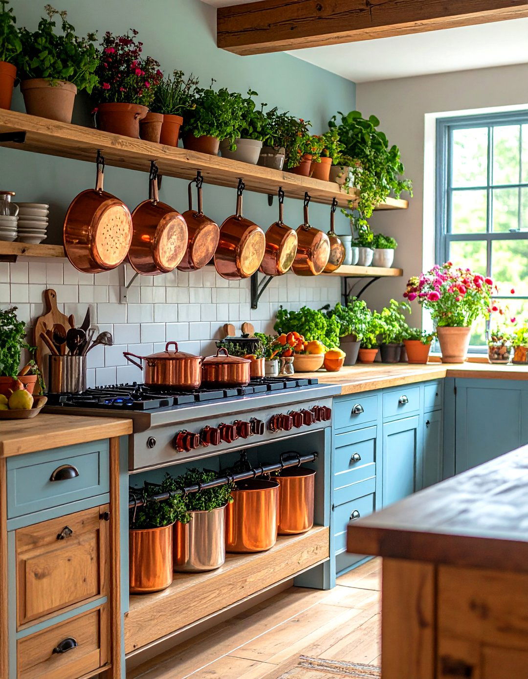 Farmhouse Kitchen Island with a Lower Pot Rack - 30 rustic farmhouse kitchen island ideas