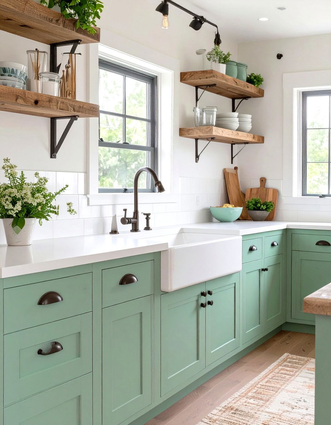 Farmhouse Kitchen with Distressed Mint Green Cabinets - 30 green kitchen cabinets ideas