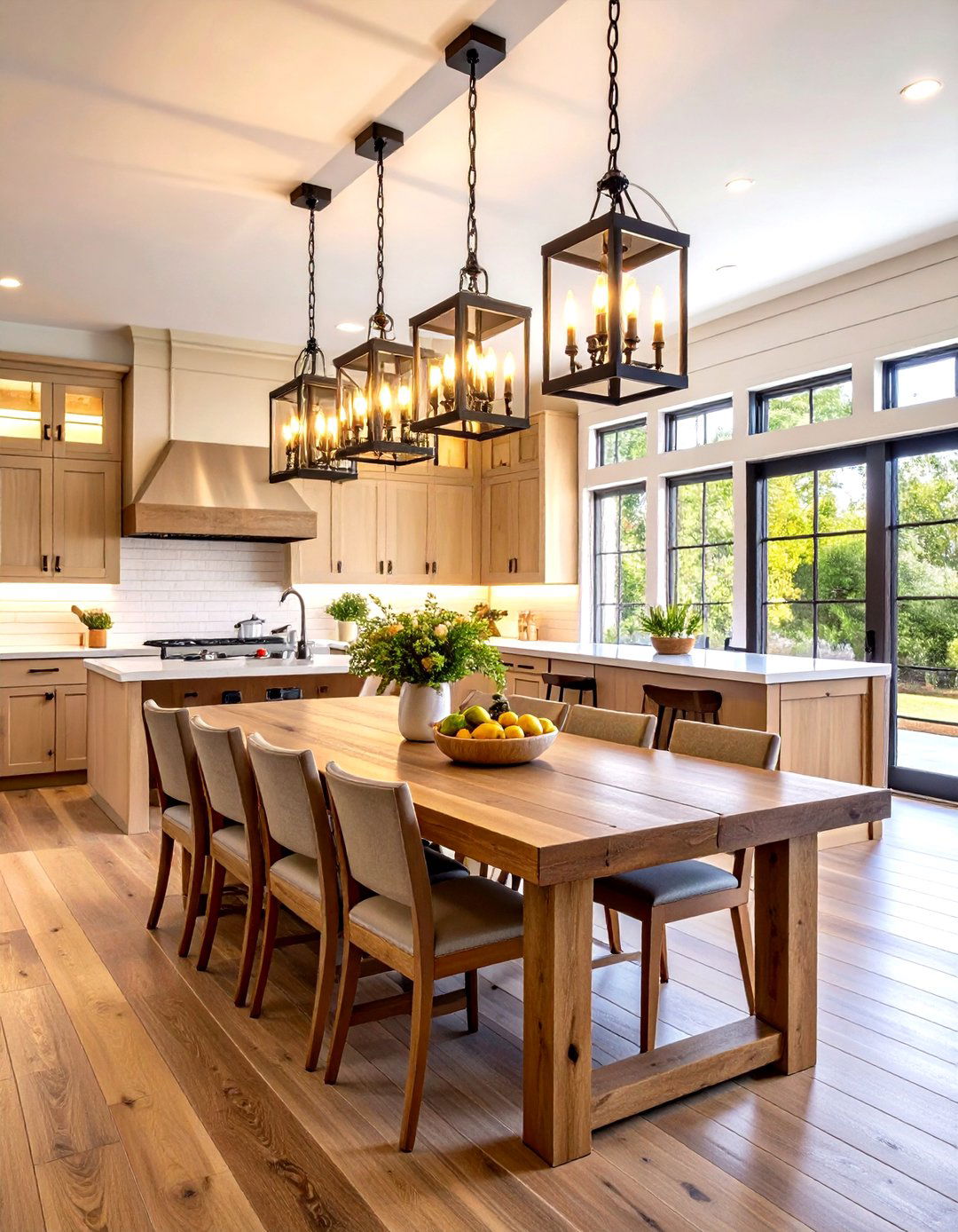 Farmhouse Kitchen with a Linear Chandelier - 30 kitchen lighting design ideas