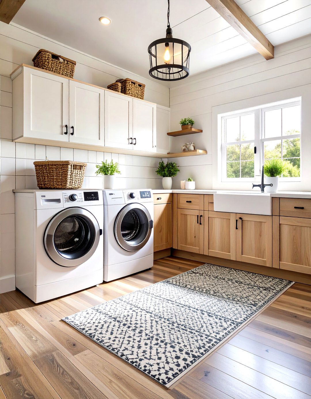 Farmhouse Laundry Room featuring Patterned Floor Tiles - 30 farmhouse laundry room ideas