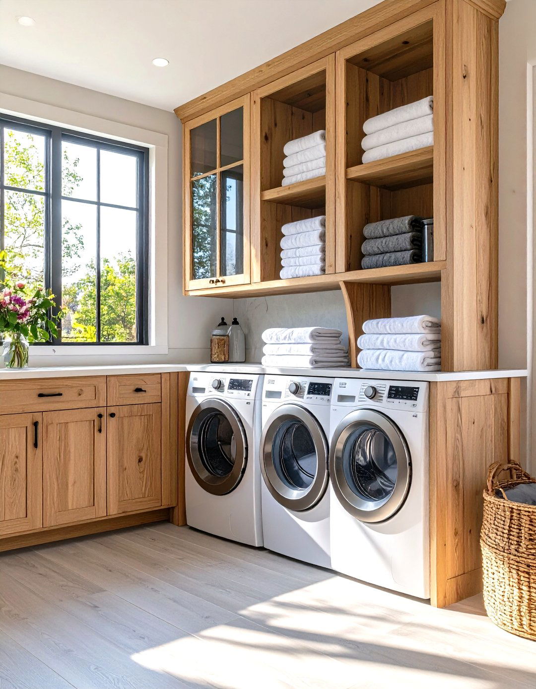 Farmhouse Laundry Room with Glass Front Cabinets - 30 farmhouse laundry room ideas