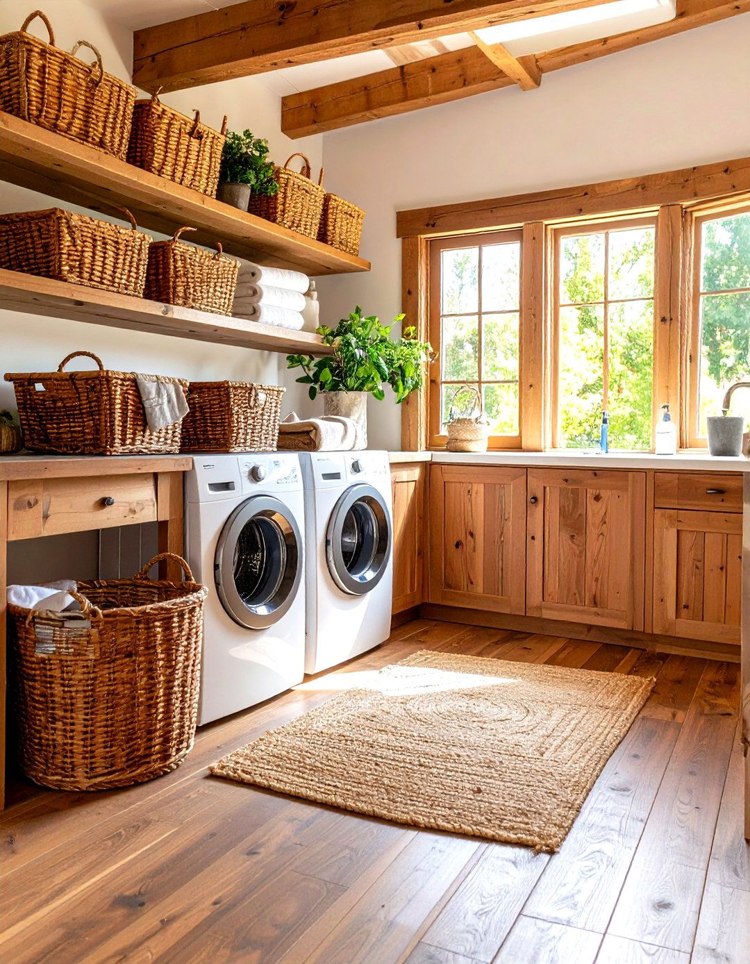 Farmhouse Laundry Room with Natural Woven Baskets - 30 farmhouse laundry room ideas