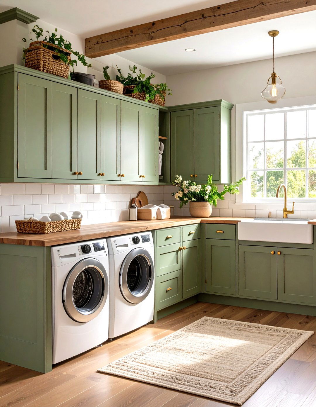 Farmhouse Laundry Room with Sage Green Cabinetry - 30 farmhouse laundry room ideas