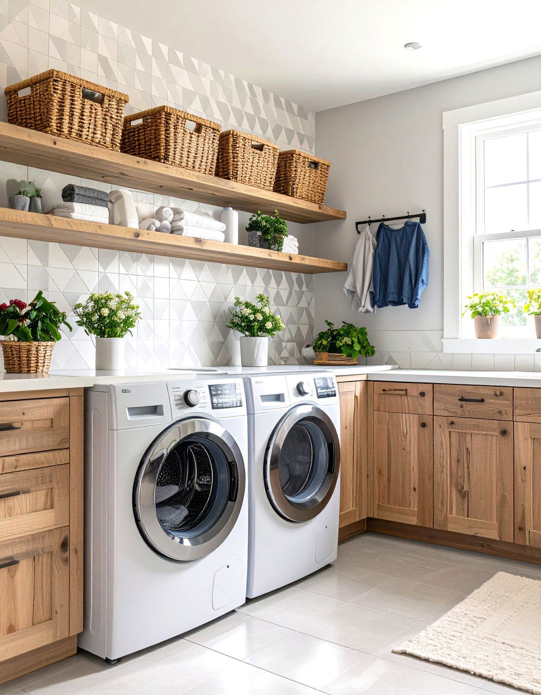 Farmhouse Laundry Room with Stenciled Walls - 30 farmhouse laundry room ideas
