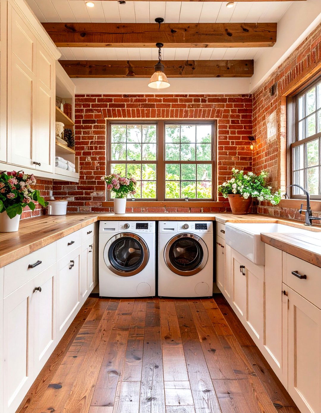 Farmhouse Laundry Room with a Brick Accent Wall - 30 farmhouse laundry room ideas