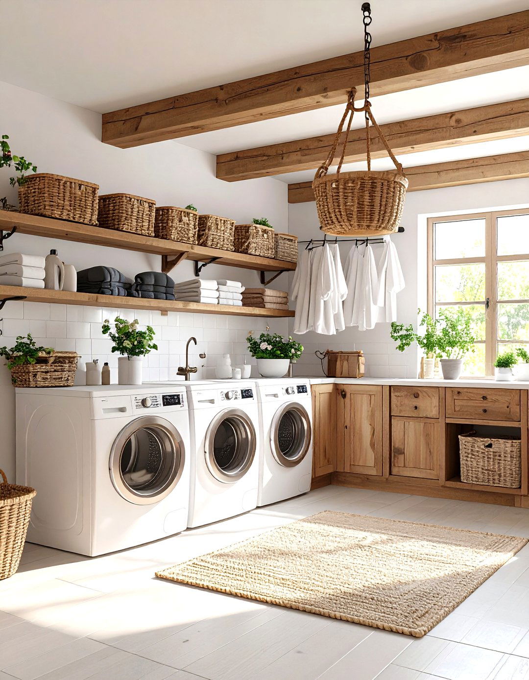 Farmhouse Laundry Room with a Hanging Drying Rack - 30 farmhouse laundry room ideas