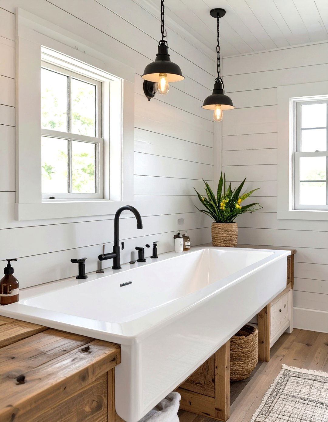 Farmhouse Shiplap Bathroom with a Trough Sink - 30 shiplap bathroom ideas
