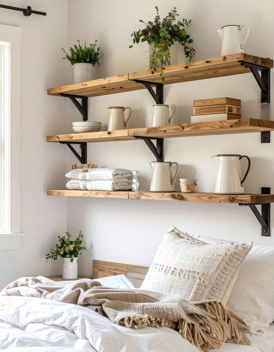 Farmhouse Style Bedroom Shelves with Brackets - 30 bedroom shelf ideas