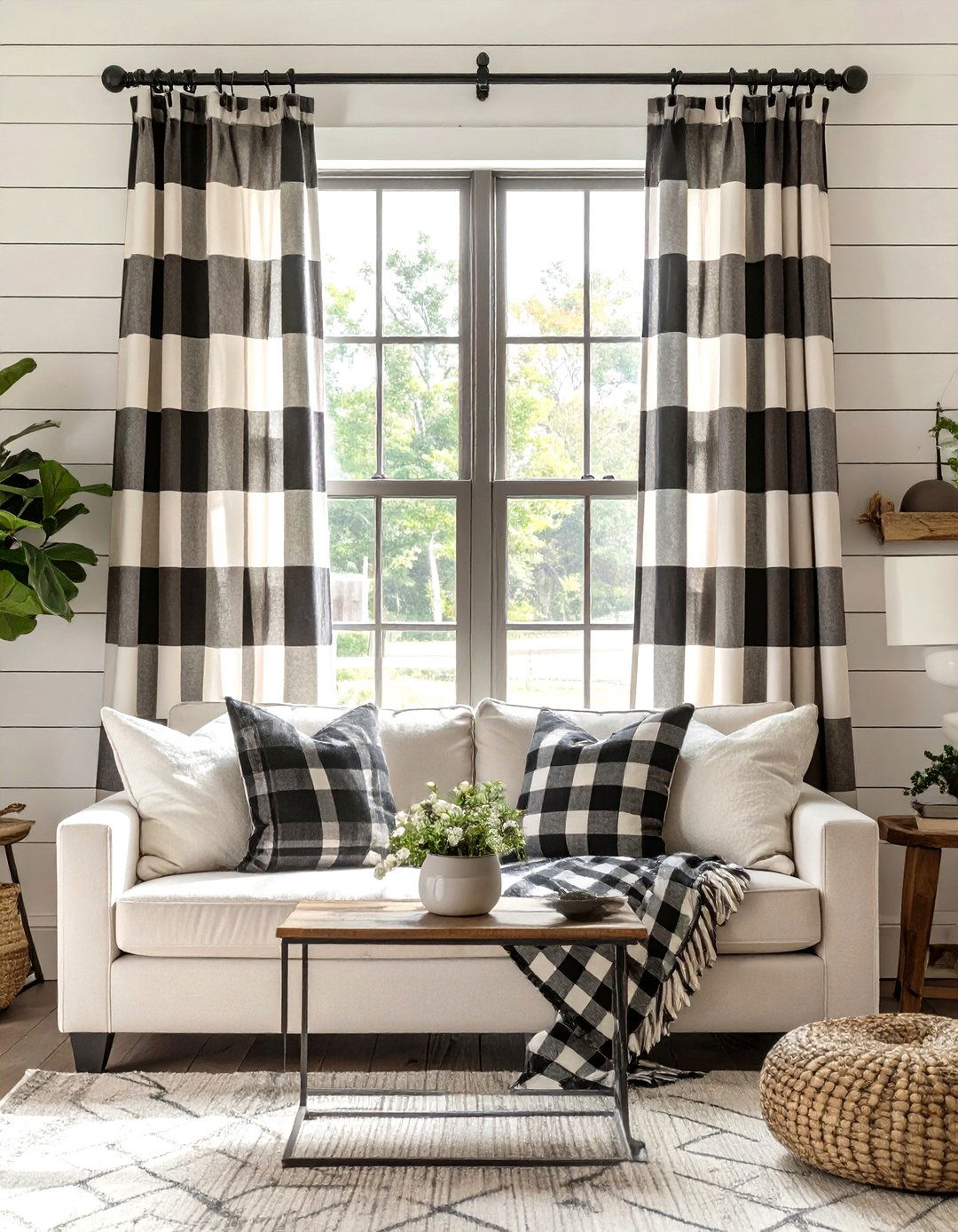 Farmhouse Style Buffalo Check Curtains - 30 window treatment ideas for living room