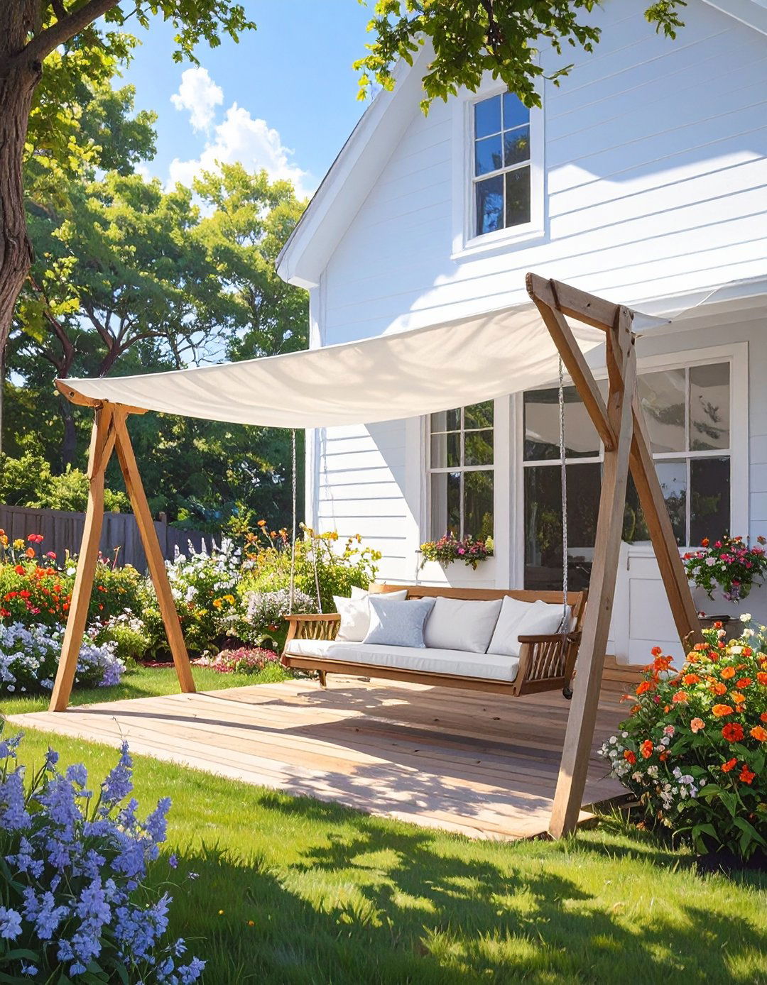 Farmhouse Style Drop Cloth Awning - 30 budget diy backyard shade ideas