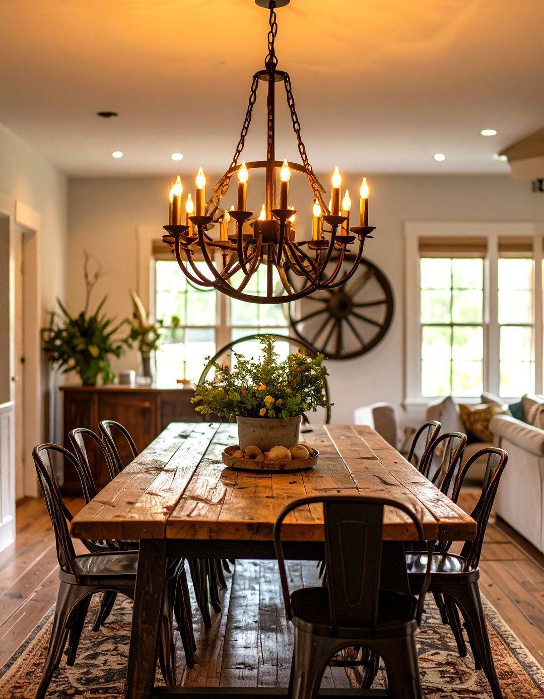 Farmhouse Wagon Wheel Chandelier - 30 small dining room lighting ideas