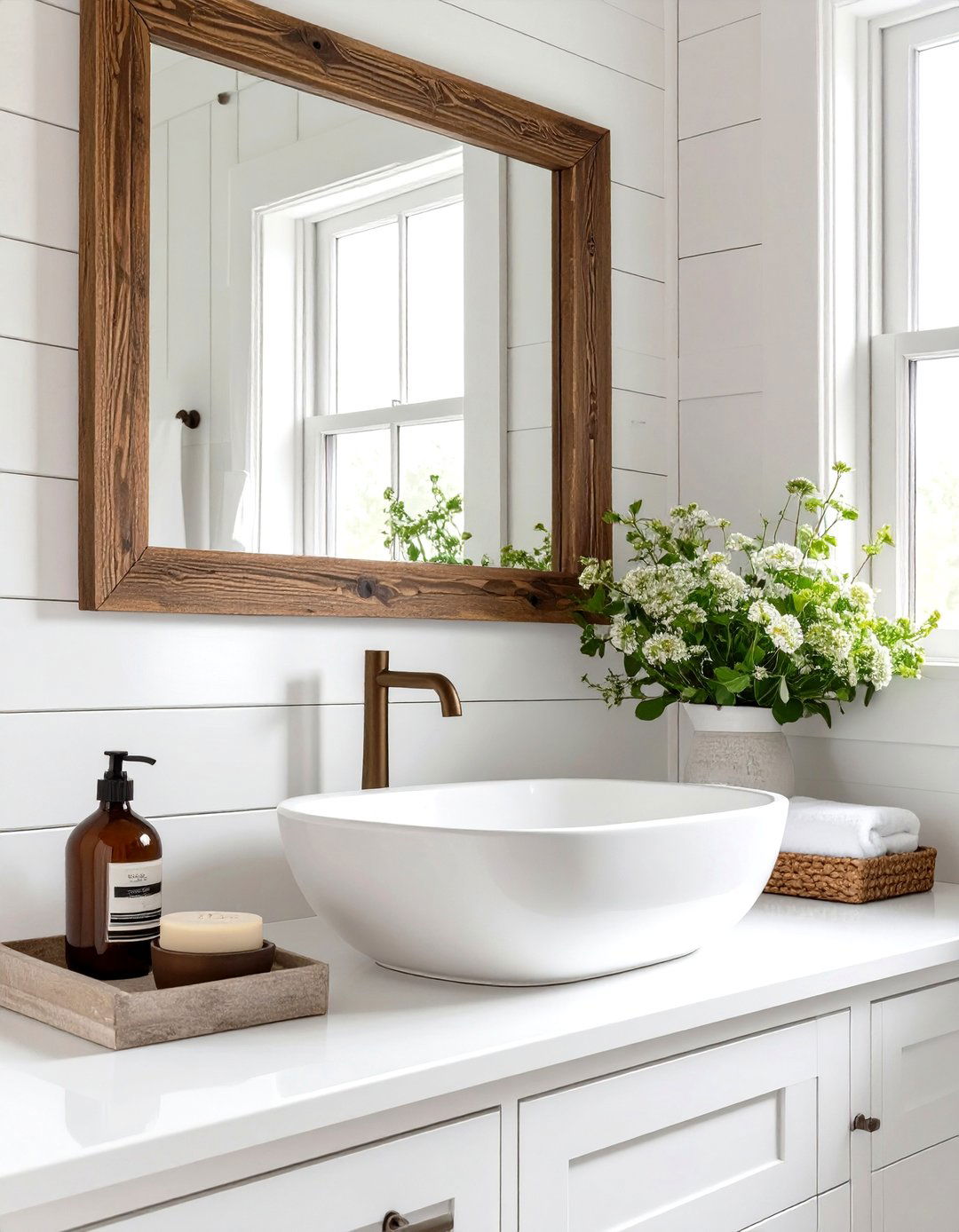 Farmhouse White Bathroom with Shiplap Walls - 30 white bathroom ideas
