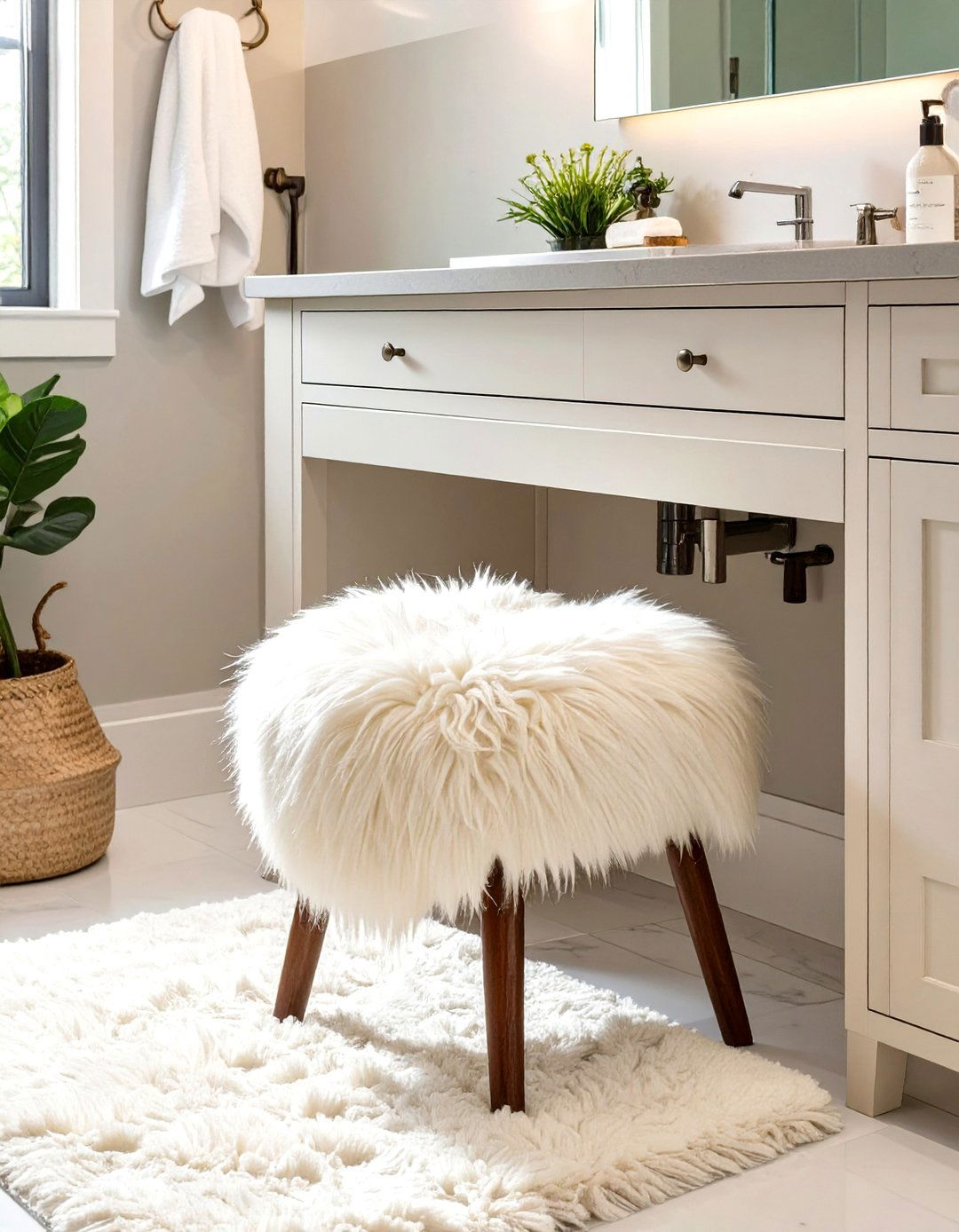 Faux Fur Stool or Rug - 30 teen girl bathroom ideas