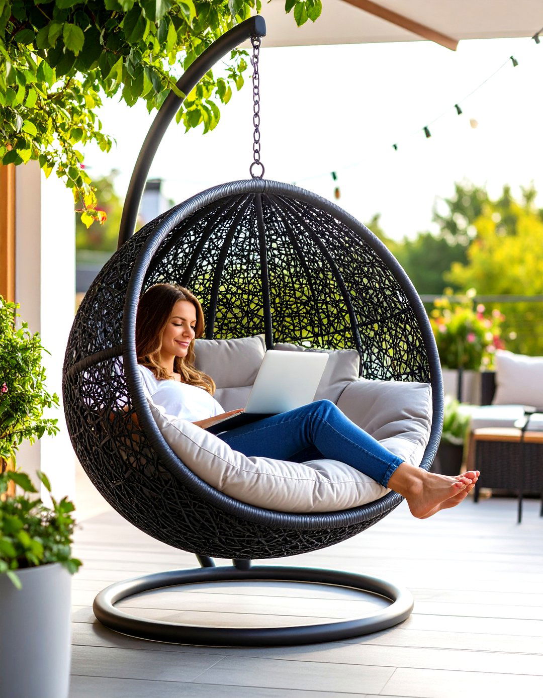 Faux Rattan Hanging Pod Chair - 30 patio furniture ideas