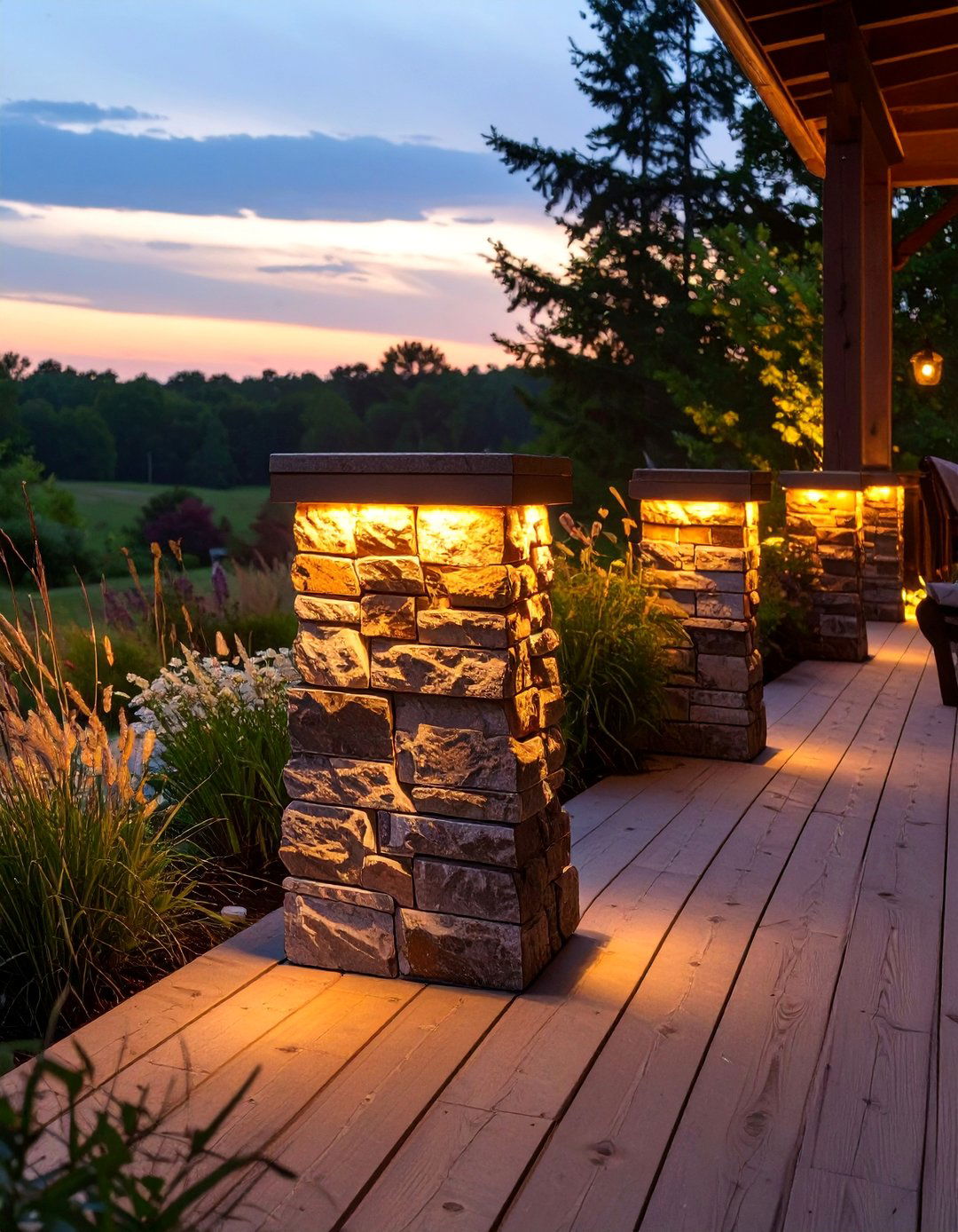 Faux Stone Post Lights - 30 deck lighting ideas
