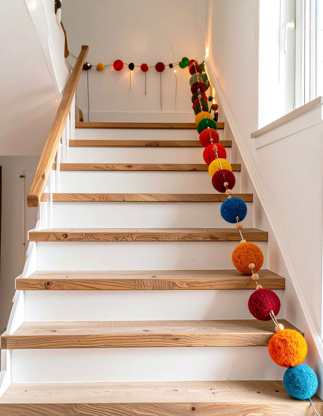 Felt Ball and Wooden Bead Garland - 30 garland on stairs ideas