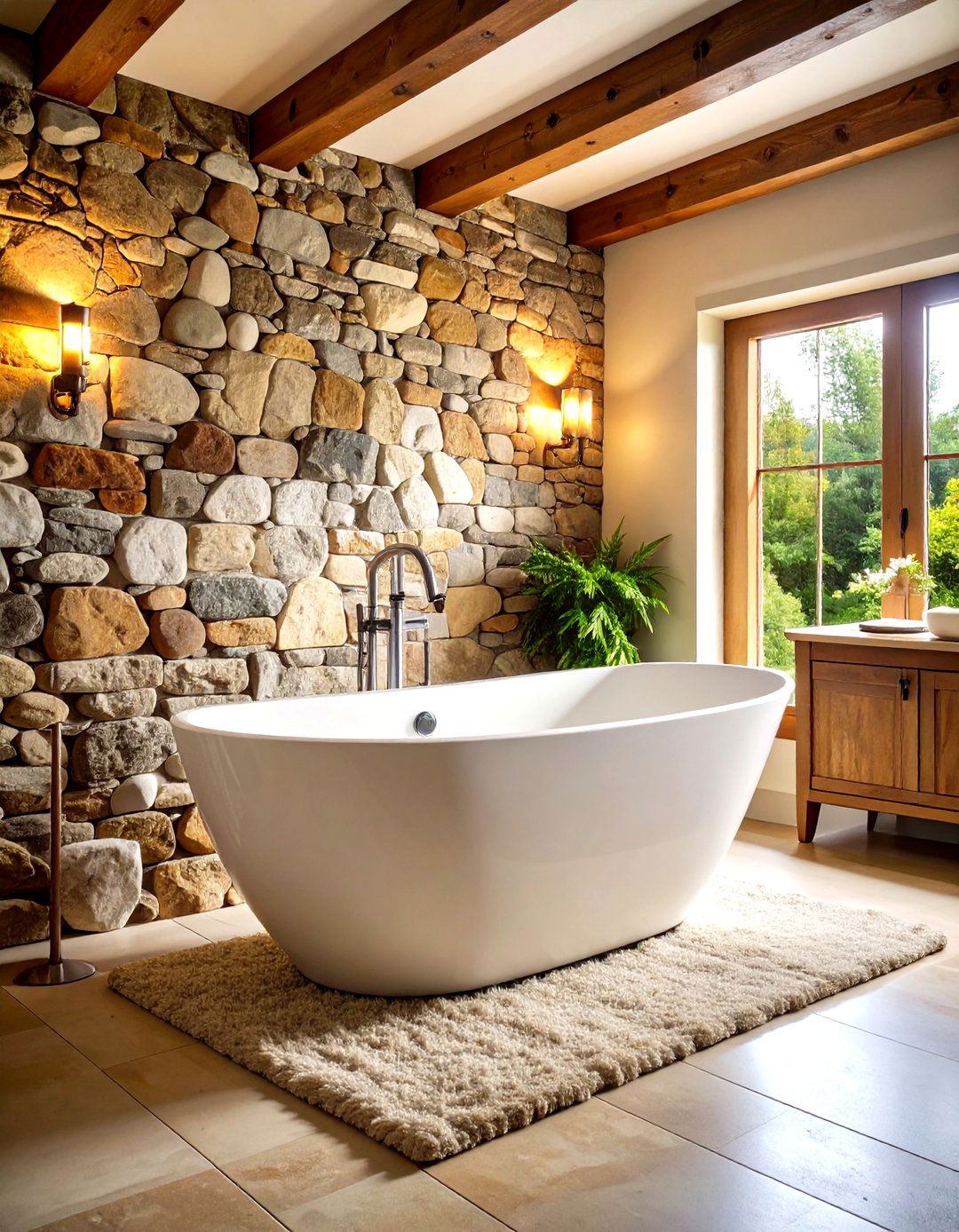 Fieldstone Accent Wall - 30 rustic bathroom ideas