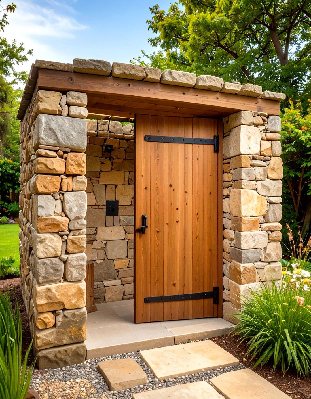 Fieldstone and Mortar Wall - 30 rustic outdoor shower ideas