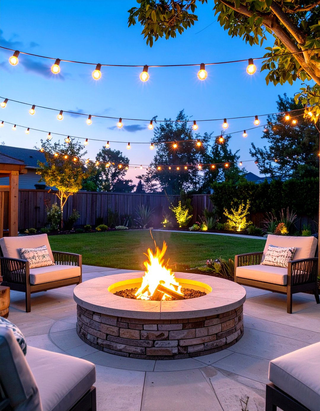 Fire Pit with Hanging String Lights - 30 small backyard fire pit ideas landscaping