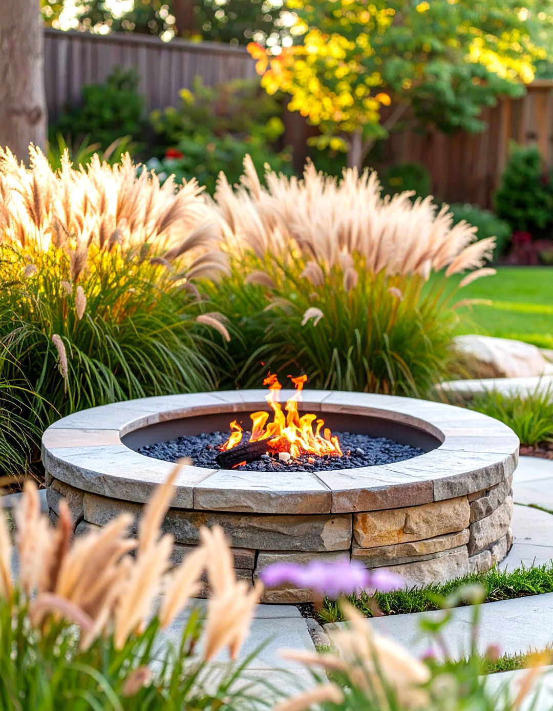 Fire Pit with Surrounding Tall Grasses - 30 small backyard fire pit ideas landscaping