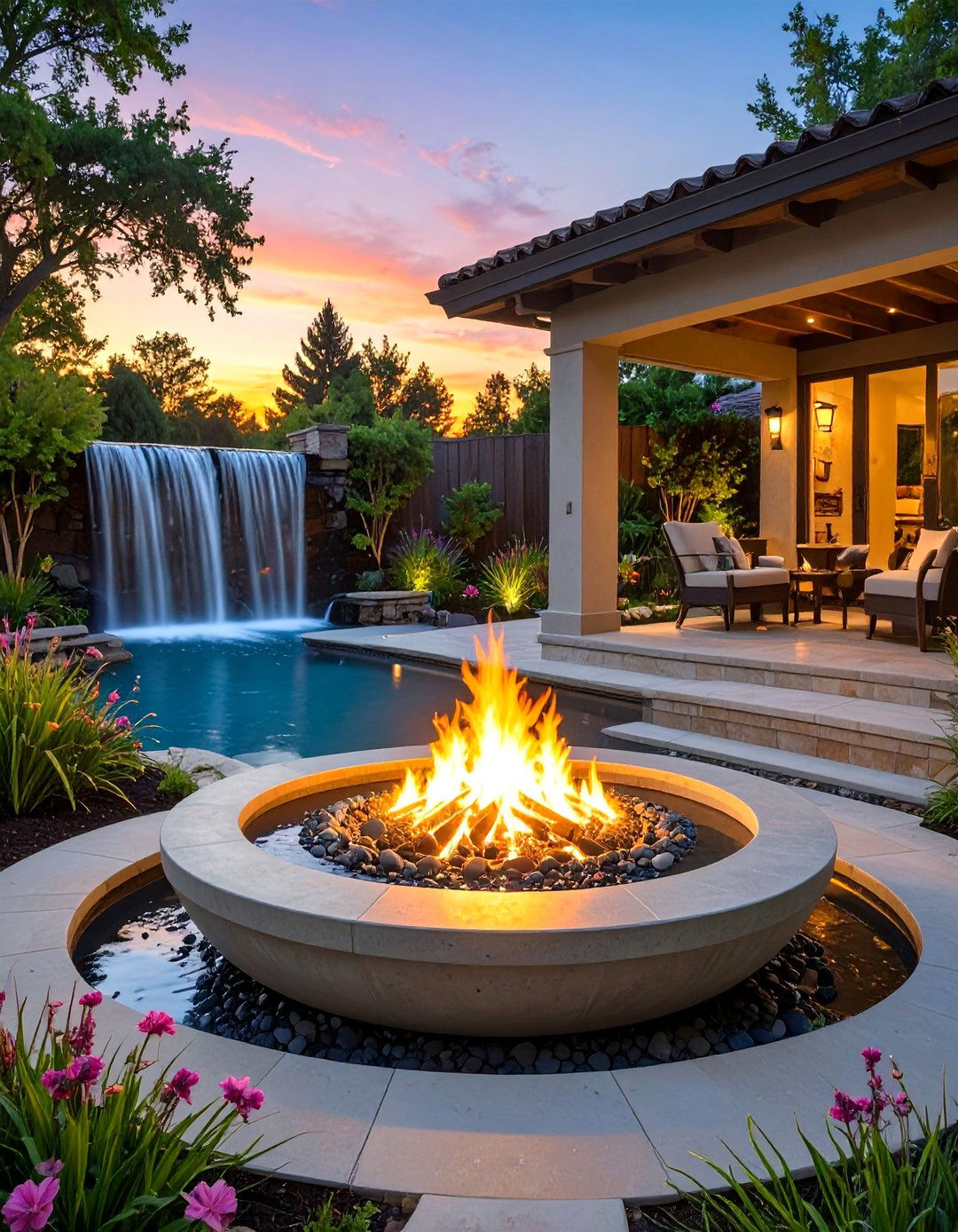 Fire and Water Bowl Feature - 30 backyard waterfall ideas