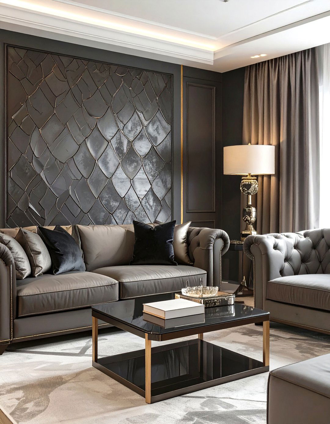 Firefly A high quality image with extra brightness of a luxurious living room with a char - 30 classy wallpaper designs for living room