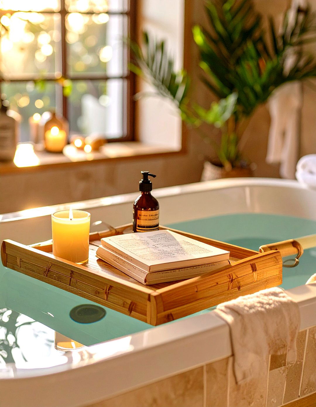 Firefly Create a high quality image with extra brightness of a bamboo bathtub caddy tray - 30 spa bathroom ideas