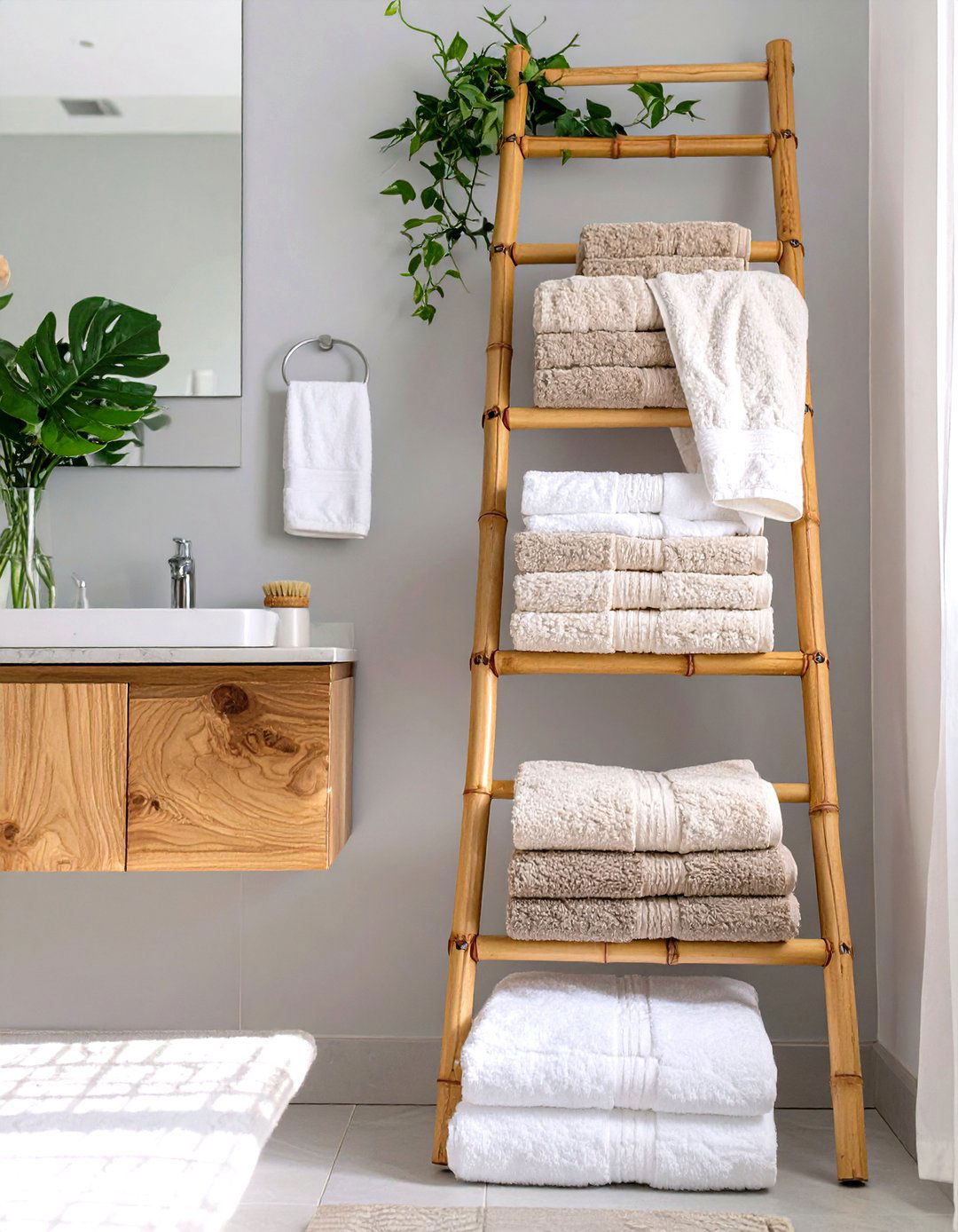 Firefly Create a high quality image with extra brightness of a bamboo ladder leaning agai - 30 small master bathroom ideas