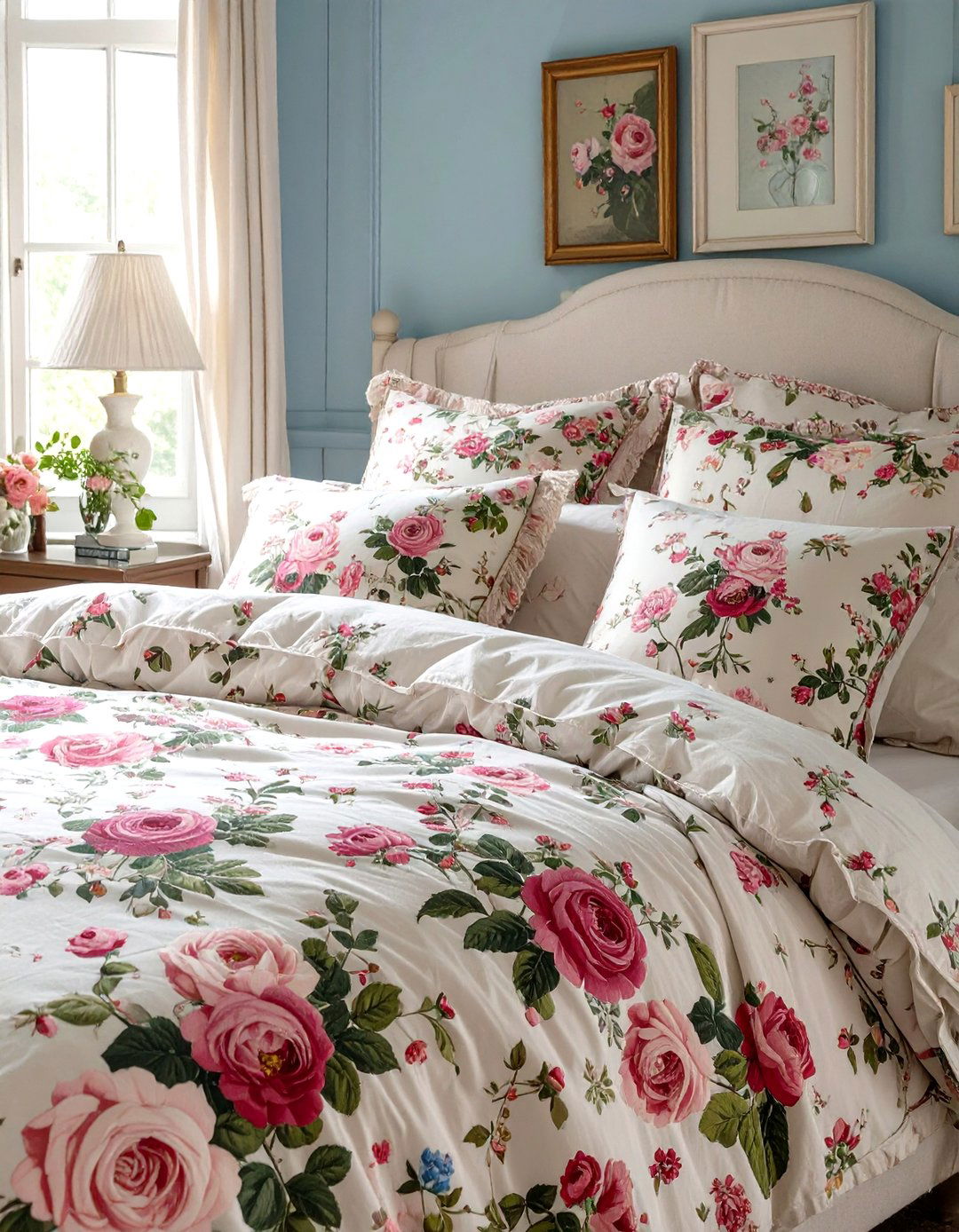 Firefly Create a high quality image with extra brightness of a bed dressed in ditsy flora - 30 shabby chic bedroom ideas