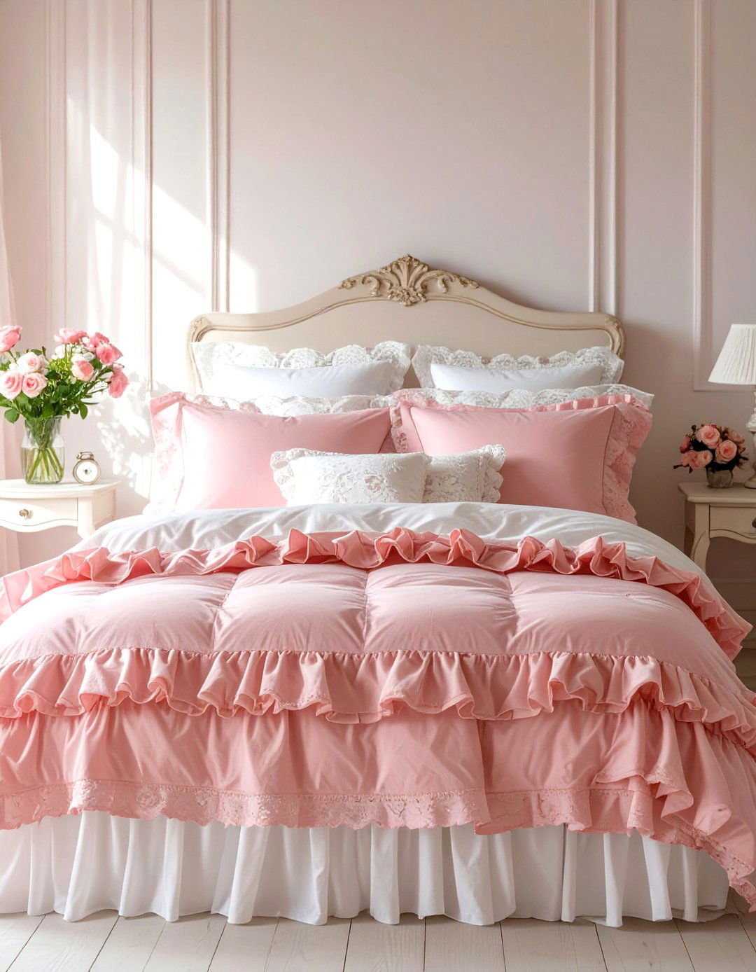 Firefly Create a high quality image with extra brightness of a bed layered with ruffled p - 30 shabby chic bedroom ideas