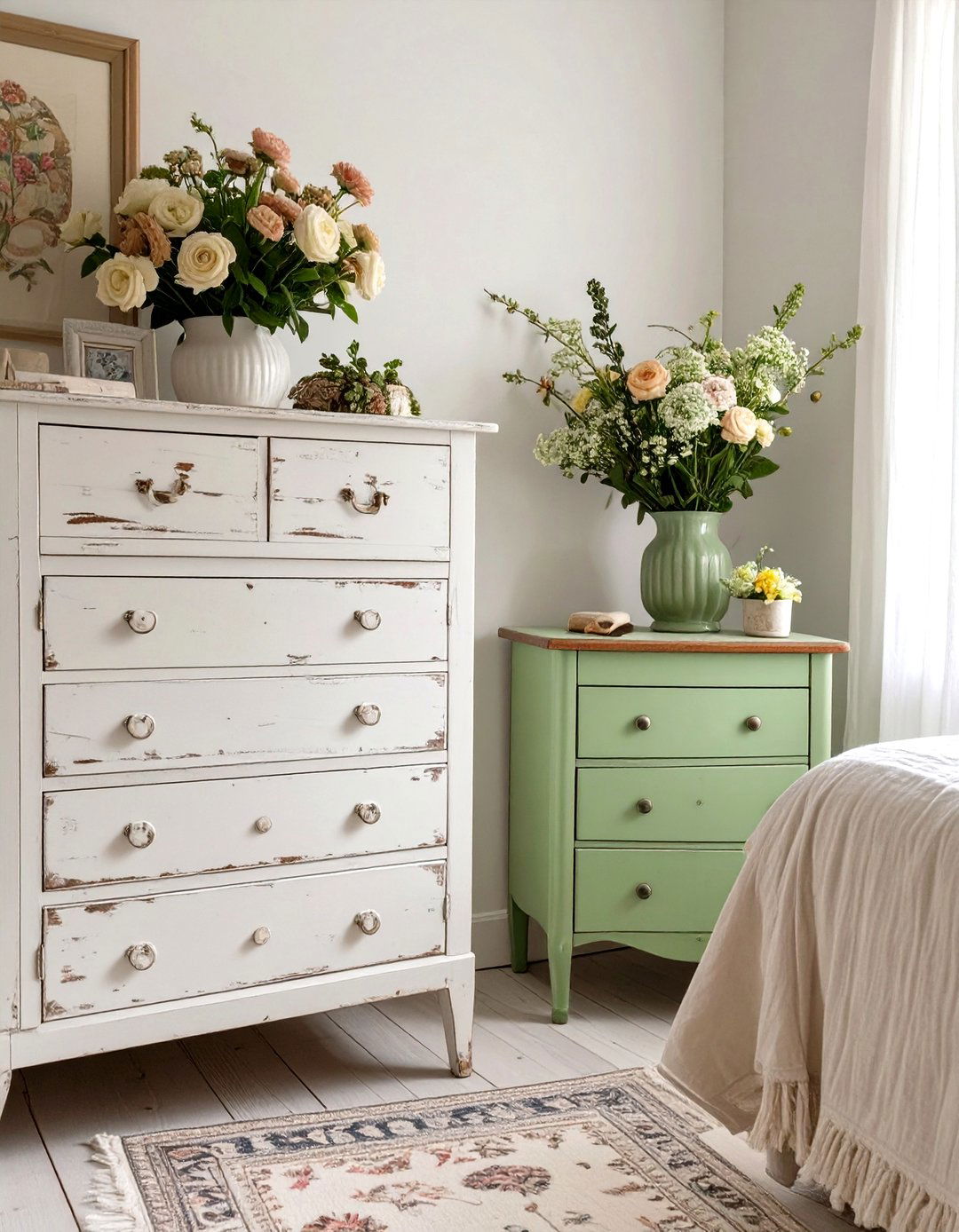 Firefly Create a high quality image with extra brightness of a bedroom featuring a distre - 30 shabby chic bedroom ideas