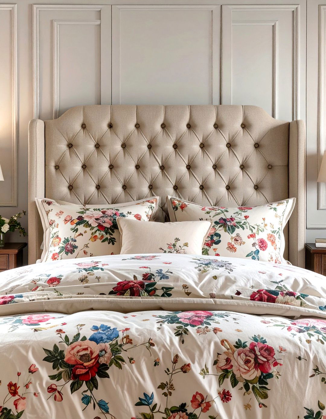 Firefly Create a high quality image with extra brightness of a beige linen button tufted - 30 shabby chic bedroom ideas