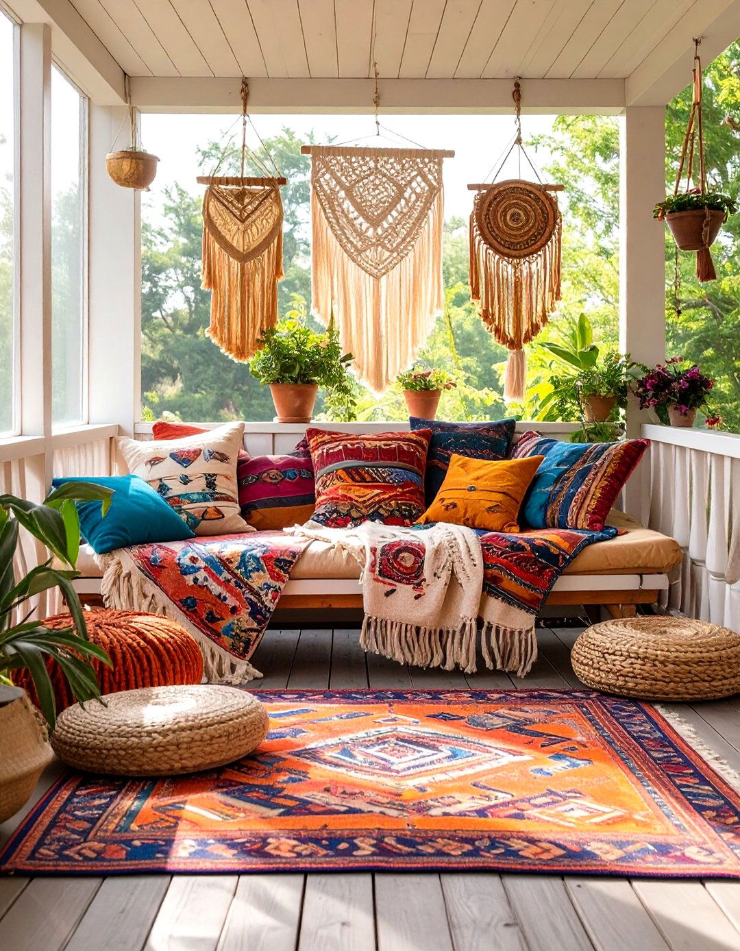 Firefly Create a high quality image with extra brightness of a bohemian style sun porch d - 30 sun porch ideas