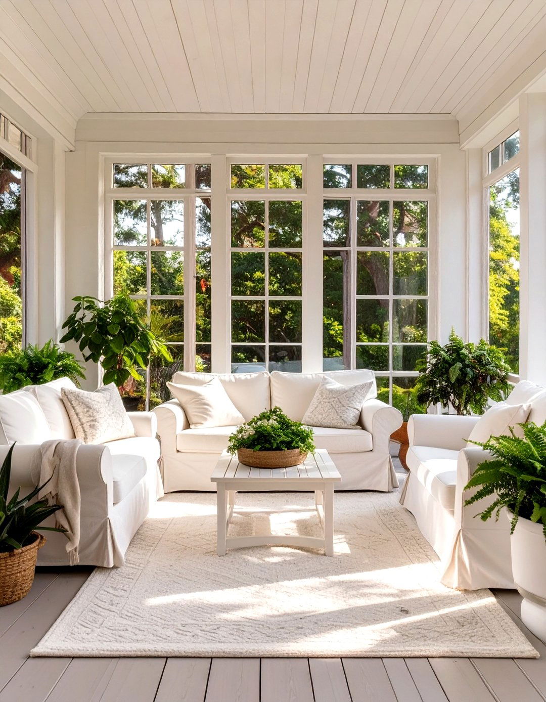 Firefly Create a high quality image with extra brightness of a chic all white sun porch - 30 sun porch ideas