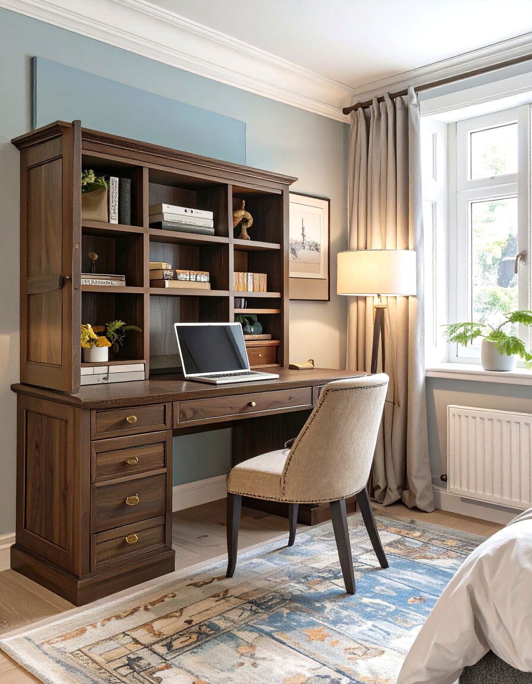 Firefly Create a high quality image with extra brightness of a classic dark wood secretar - 30 small bedroom bedroom office ideas