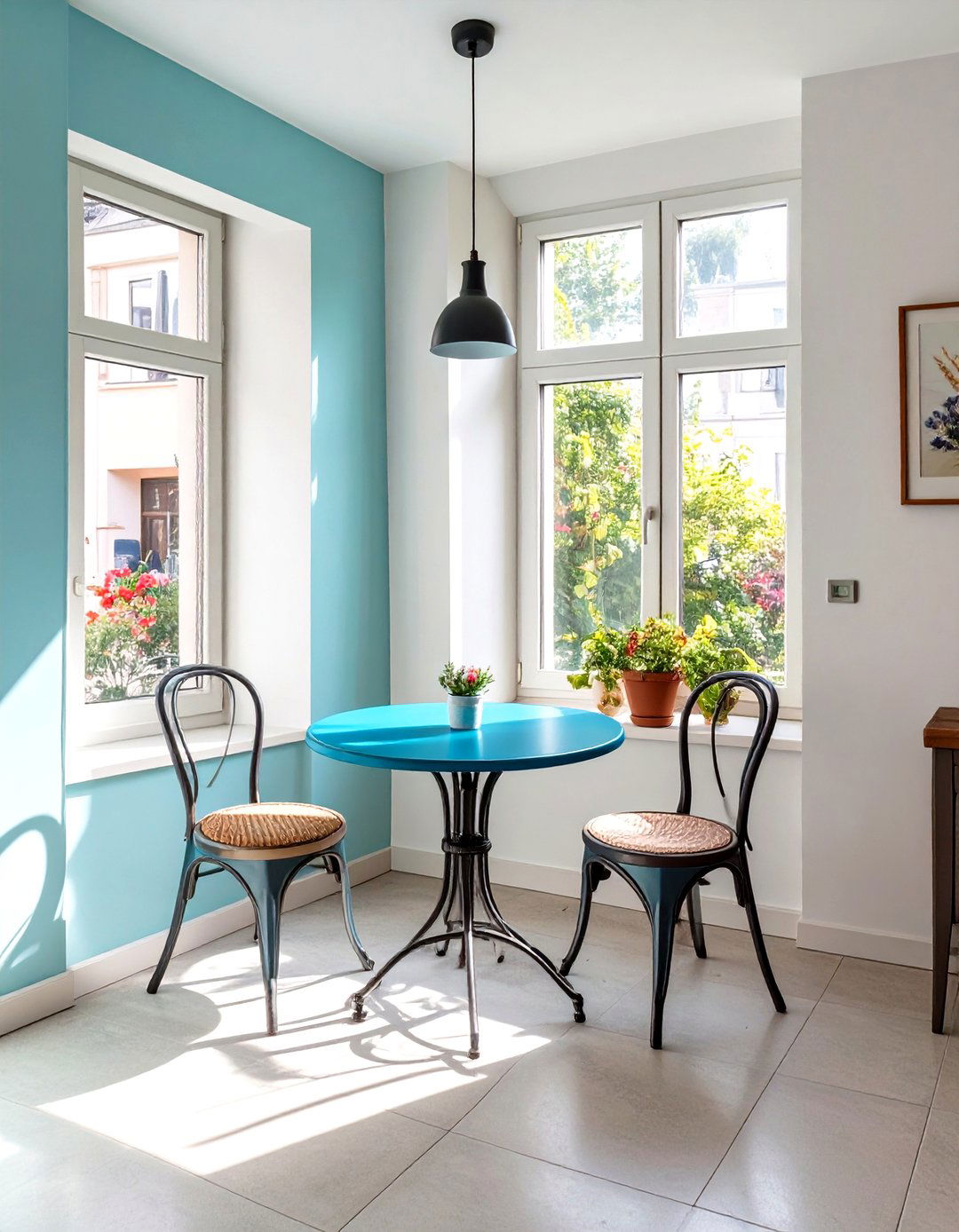 Firefly Create a high quality image with extra brightness of a classic metal bistro set - 30 small dining room decorating ideas