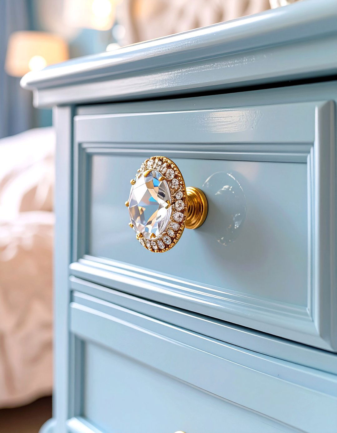 Firefly Create a high quality image with extra brightness of a close up on a light blue d - 30 shabby chic bedroom ideas