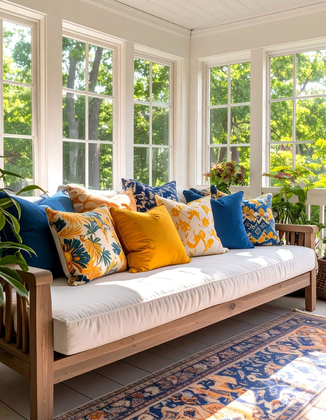 Firefly Create a high quality image with extra brightness of a comfortable sun porch feat - 30 sun porch ideas