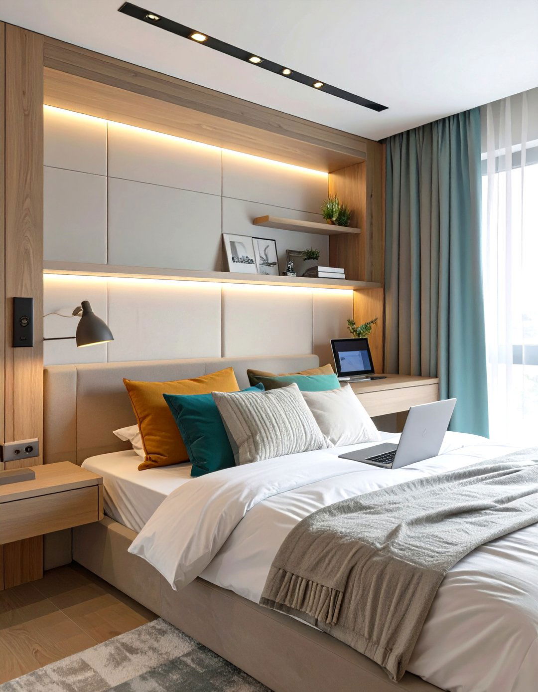 Firefly Create a high quality image with extra brightness of a custom headboard with a bu - 30 small bedroom bedroom office ideas