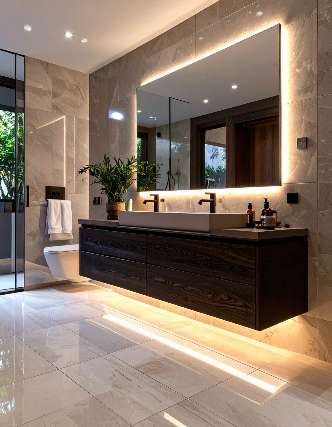 Firefly Create a high quality image with extra brightness of a dark wood floating vanity - 30 spa bathroom ideas