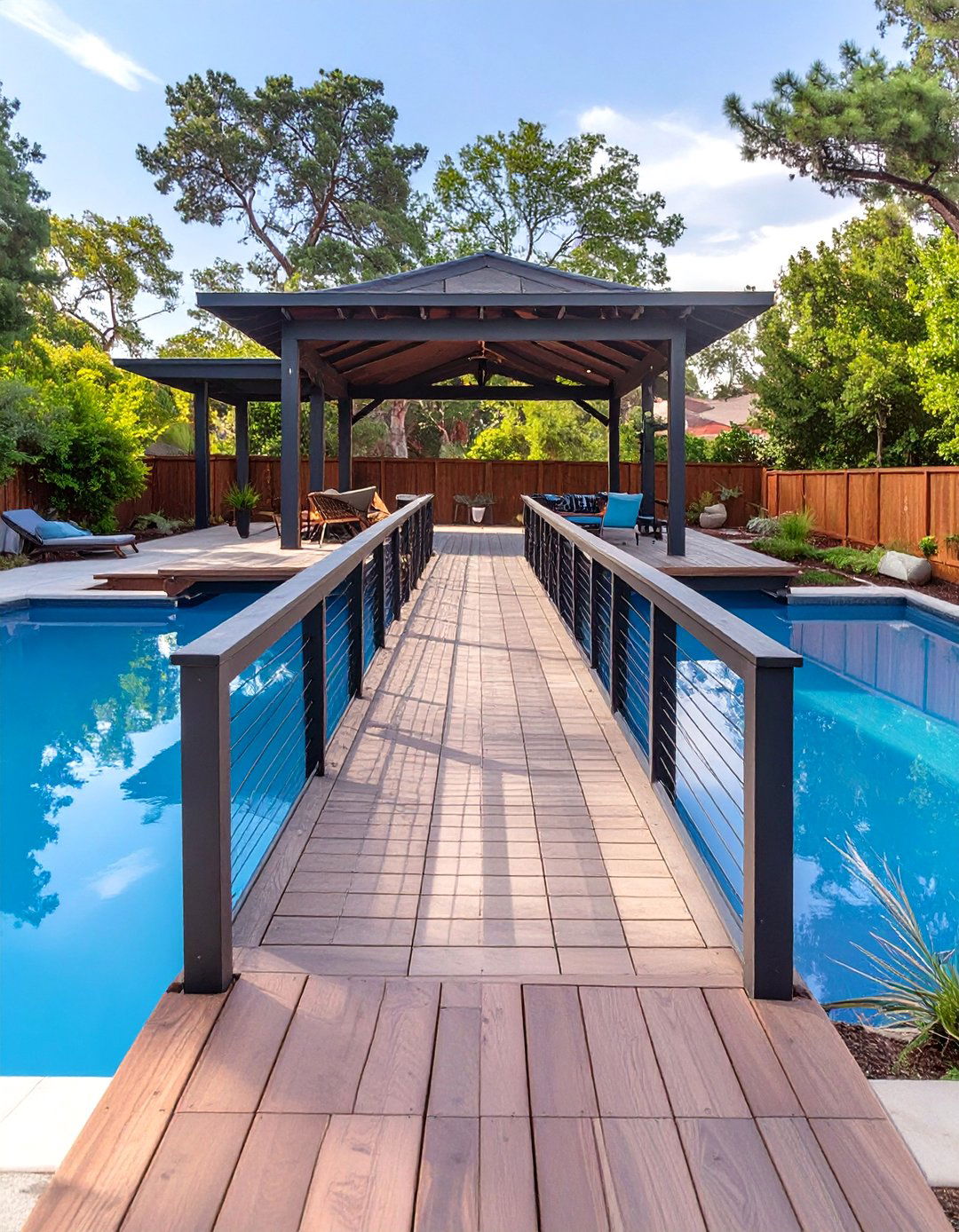 Firefly Create a high quality image with extra brightness of a dramatic bridge style deck - 30 above ground pools with deck ideas
