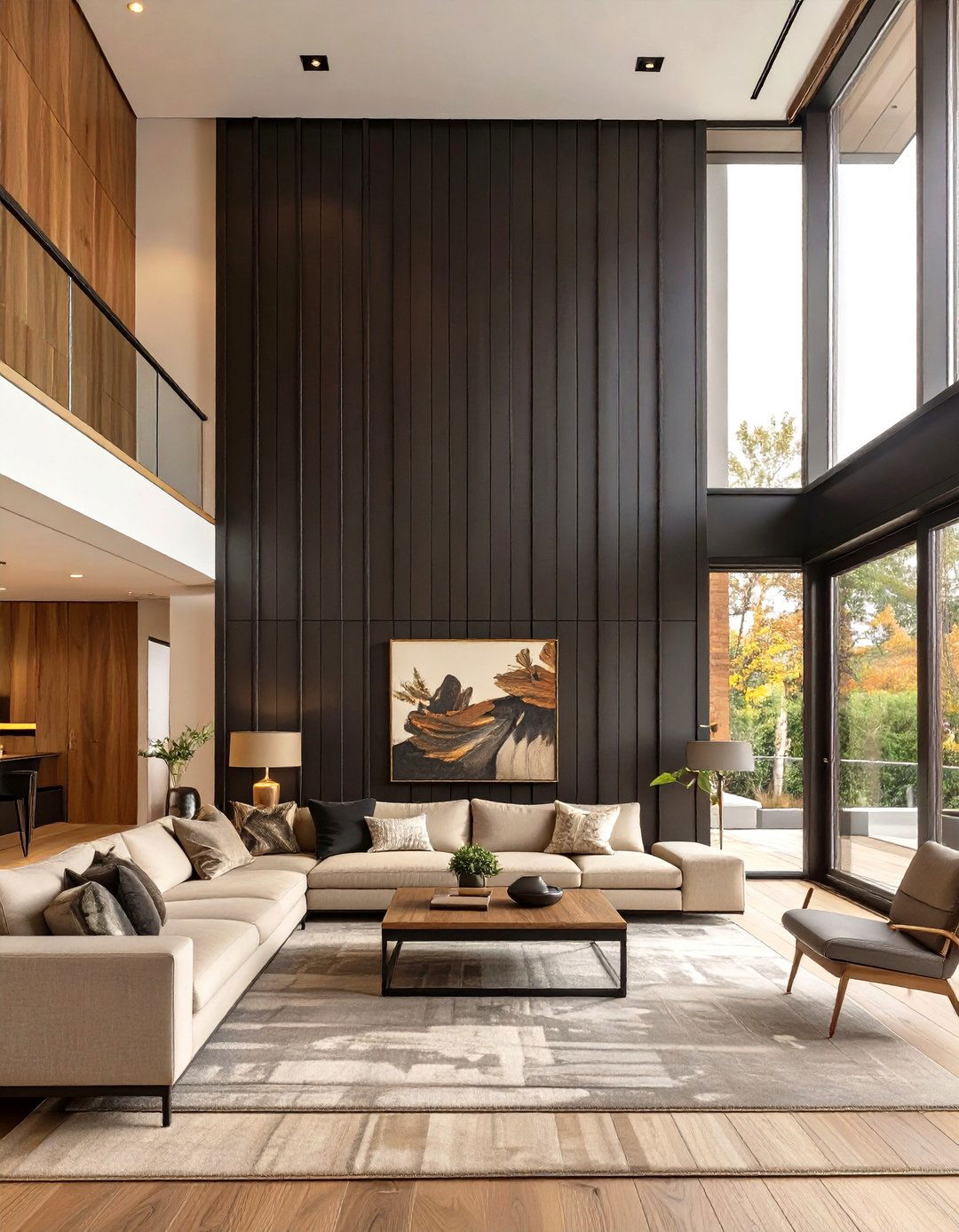 Firefly Create a high quality image with extra brightness of a dramatic floor to ceiling - 30 wood trim accent wall ideas