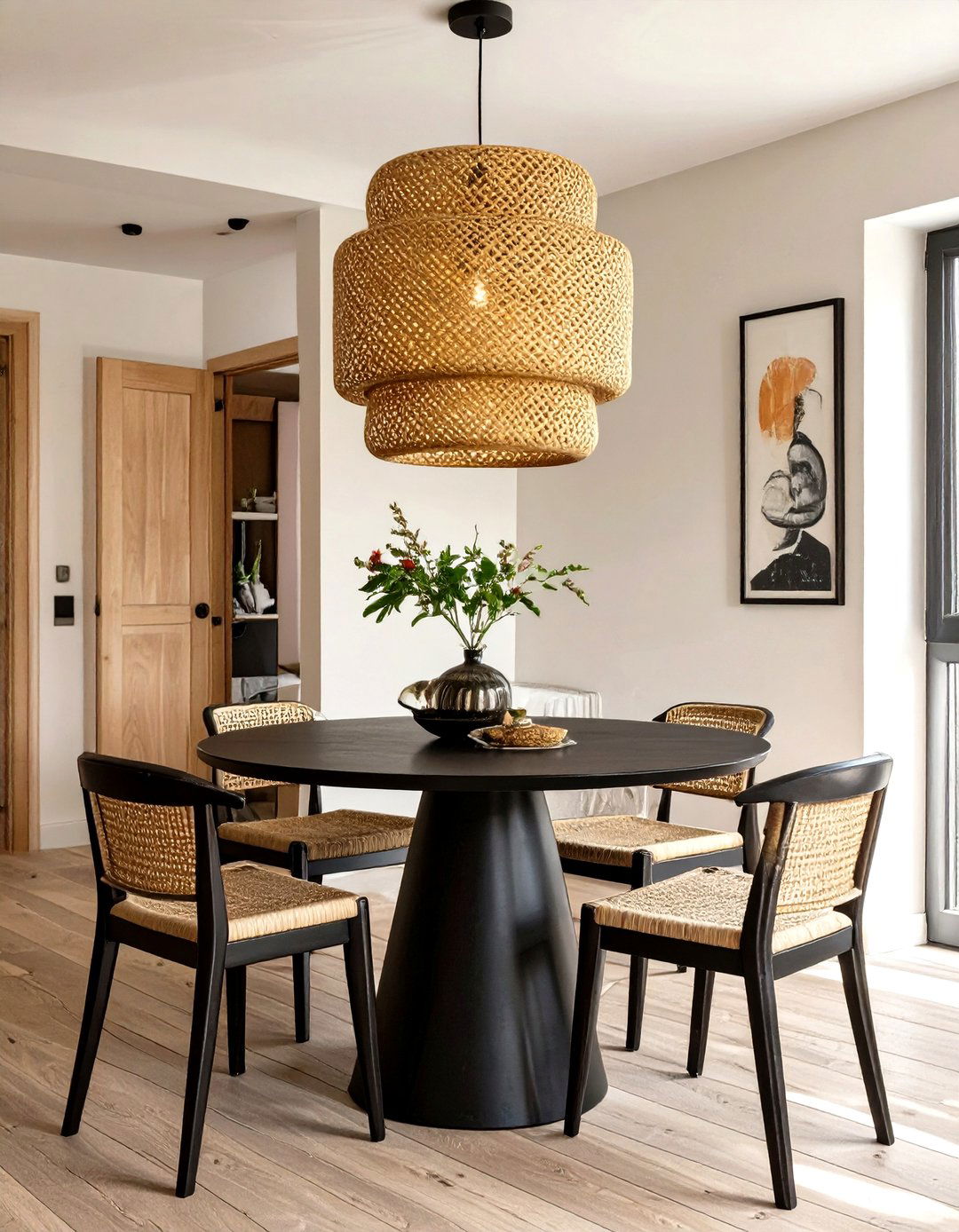 Firefly Create a high quality image with extra brightness of a dramatic large woven ratt - 30 small dining room decorating ideas
