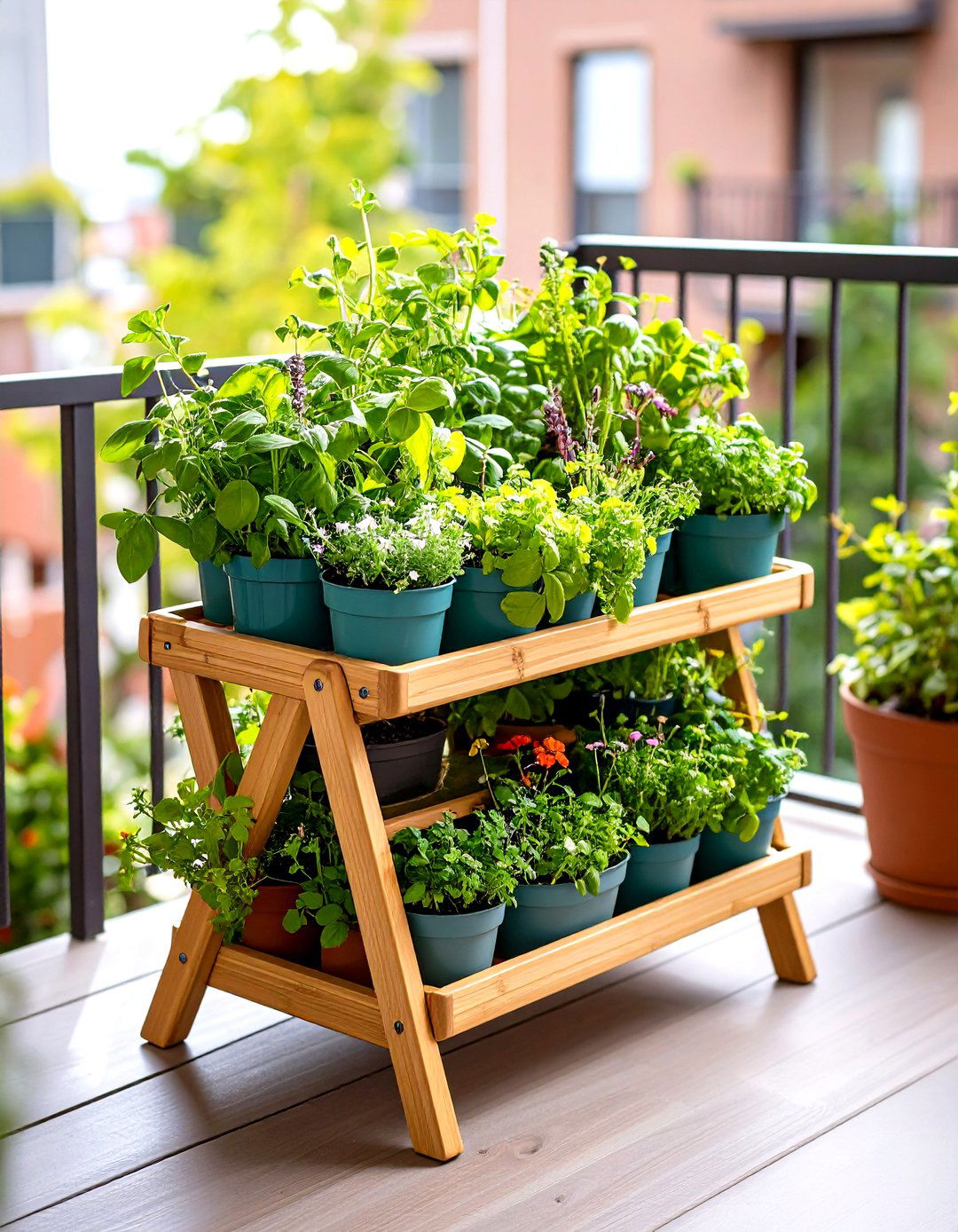 Firefly Create a high quality image with extra brightness of a folding tiered outdoor pla - 30 outdoor plant stand ideas