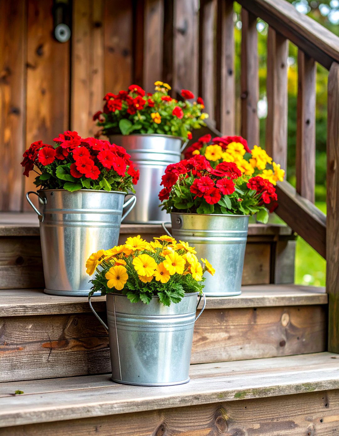 Firefly Create a high quality image with extra brightness of a group of galvanized bucket - 30 outdoor plant stand ideas