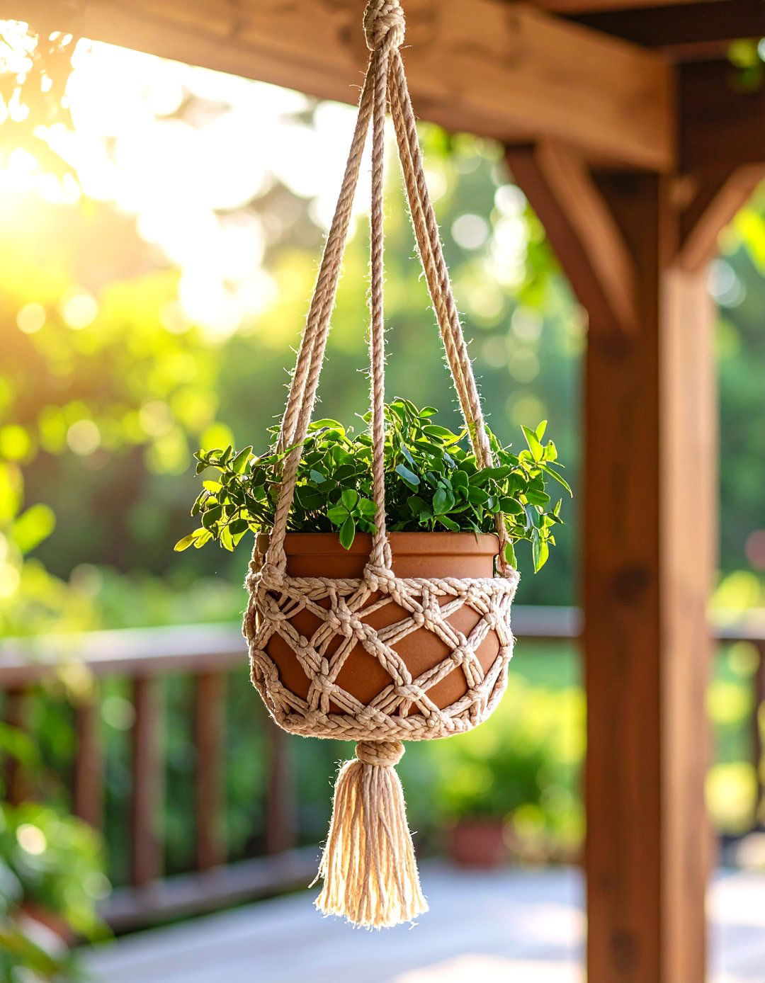 Firefly Create a high quality image with extra brightness of a hanging macrame outdoor pl - 30 outdoor plant stand ideas