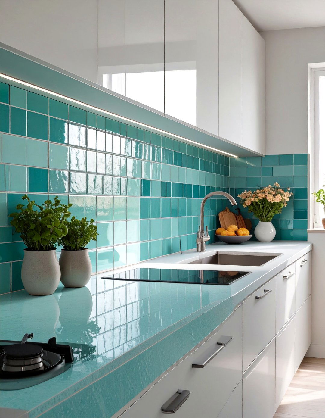 Firefly Create a high quality image with extra brightness of a kitchen backsplash made of - 30 top trends in interior design