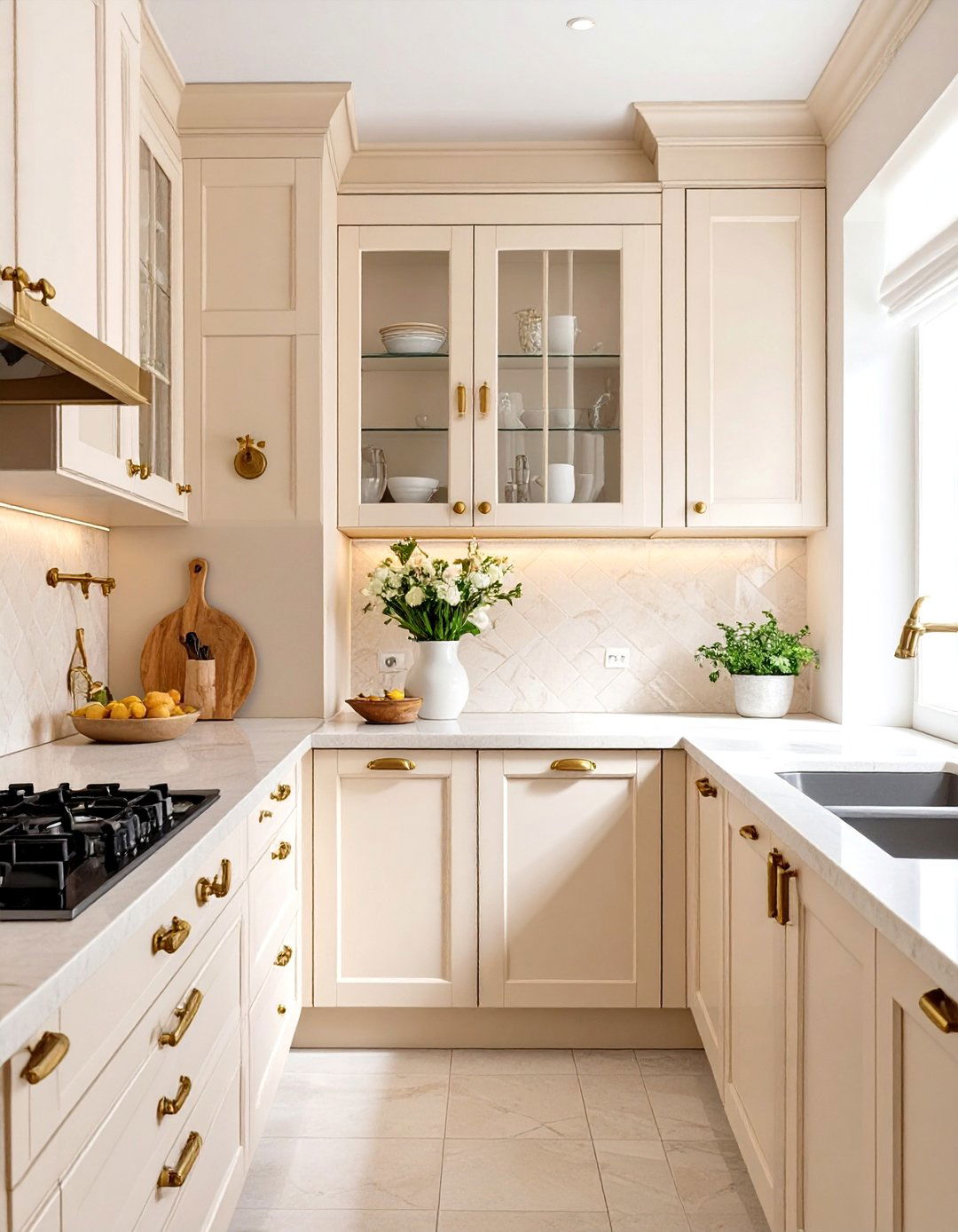 Firefly Create a high quality image with extra brightness of a kitchen with soft cream co - 30 small kitchen decor ideas