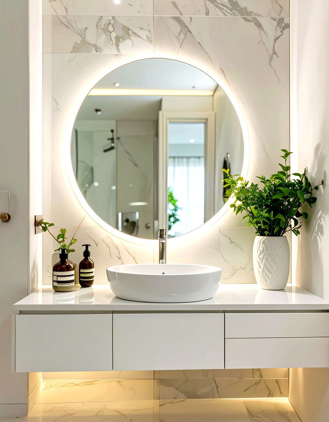 Firefly Create a high quality image with extra brightness of a large round backlit mirro - 30 spa bathroom ideas